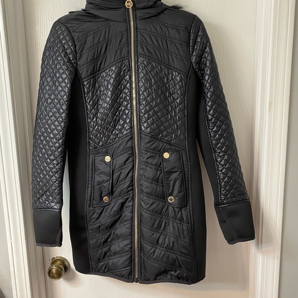 Michael Kors Black Faux Fur Trim Coat